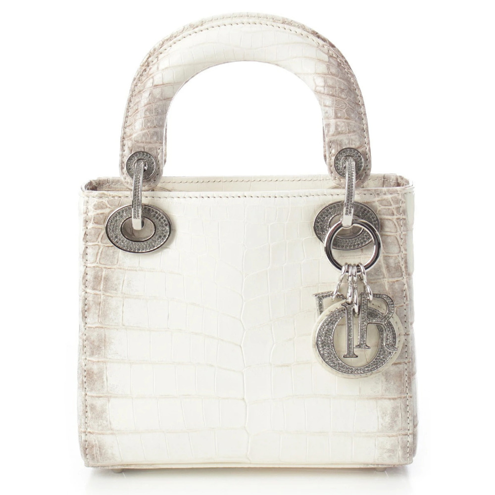 Christian Dior Lady Crocodile Himalayan Rhinestone Shoulder Handbag Off White